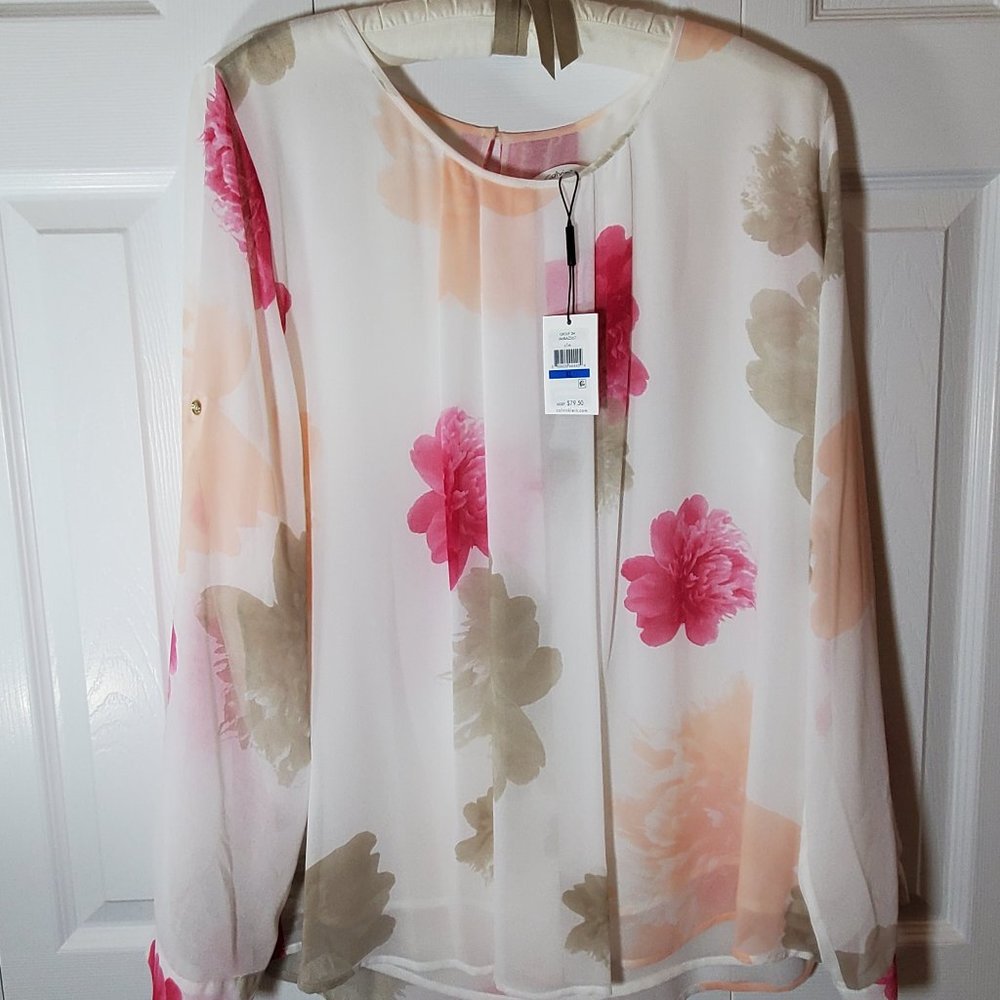 Calvin Klein  Women's Long Sleeve Blouse White/Pink/Taupe/Peach Size XL NWT